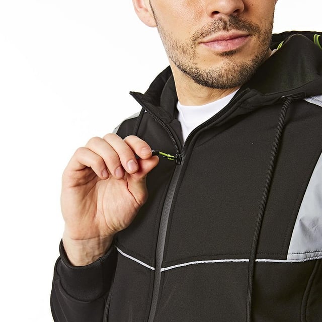 95% Polyester, 5% Elastane. Fabric: Bonded, Softshell, Stretch. Lining: Brushed Fleece. Design: Logo, Plain. Fabric Technology: Lightweight, Thermal, Windproof. Branded Sleeve, Reflective Detail, Side Seams. Neckline: Hooded. Sleeve-Type: Long-Sleeved. Cuff: Ribbed, Stretch. Hood Features: Drawcord, Sew-On. Pockets: 2 Side Pockets, Zip. Fastening: Full Zip. Hem: Ribbed, Stretch. L: 38 in. XXL: 46 in. 3XL: 48 in.