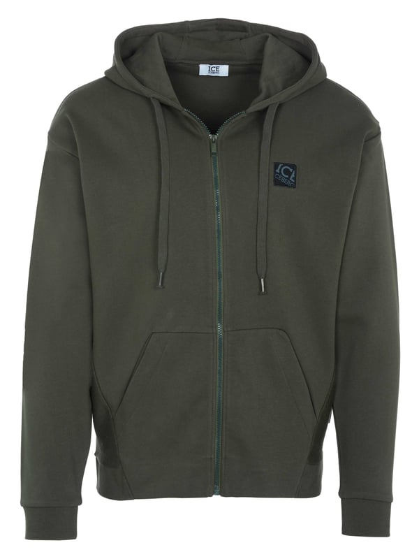 80% Cotton, 20% Polyester; Iceberg pullover;  Model: S1M-E04163415334;  High quality manufactured;  Soft cotton blend;  Hood with drawstring and drawstring;  Zipper;  Two front pockets;  Elastic hem;  Iceberg logo details