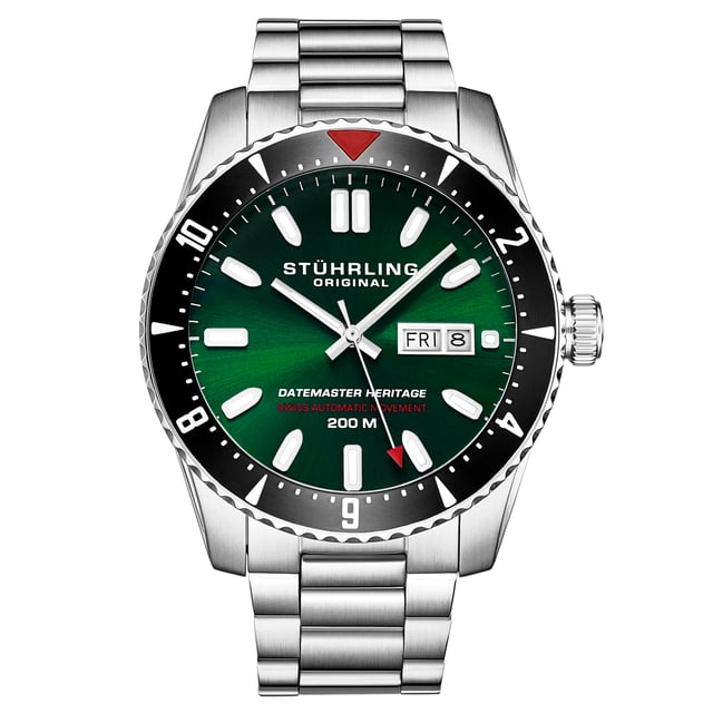 Men's Automatic Dive Watch, Stainless Steel Case with ceramic-like bezel, turquoise dial, Day and Date.