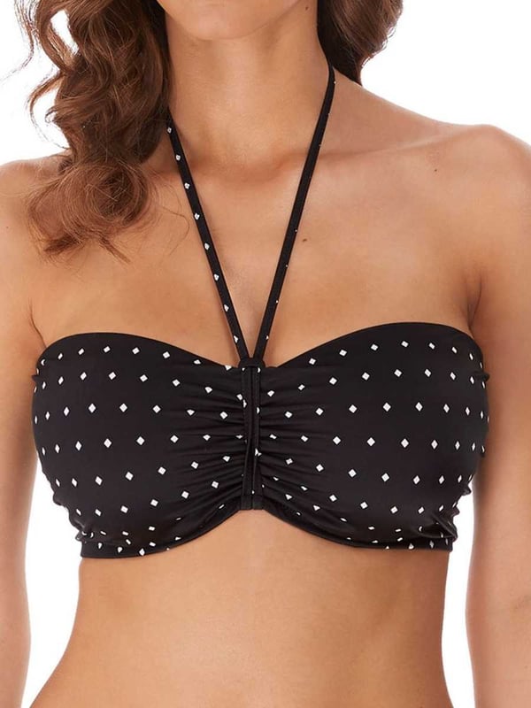 Freya Jewel Cove Underwired Bandeau Bikini Top. With lightly padded foam cups, halter neck ties and low gathered centre front. Product is made of 84% Nylon/Polyamide, 16% Elastane and is recommended hand-wash only.