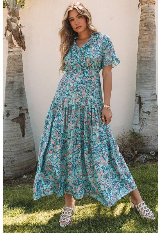 Women's Boho Paisley Print Ruffle Tiered Maxi Dress in Sky Blue