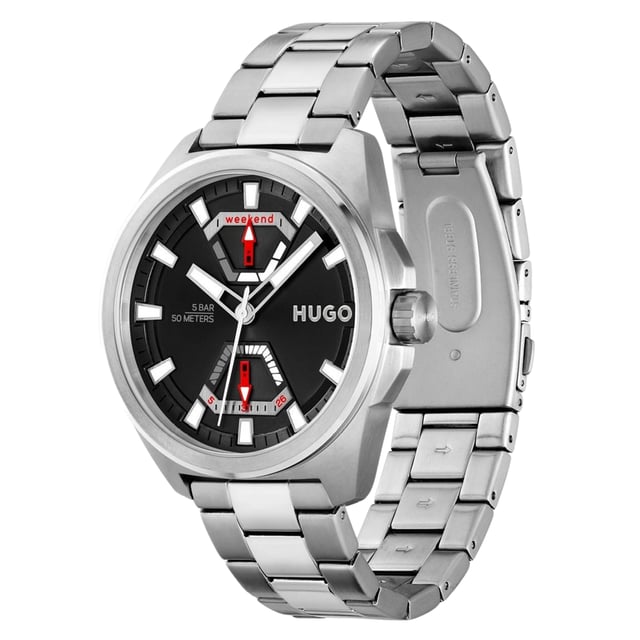 Hugo 1530242 - Damenuhr Quarz aus Edelstahl• Material: Edelstahl• Glas: Mineral• Armband: Edelstahl• Farbe: Grau• Wasserbeständigkeit: 50 m (5 ATM)• Gehäusegröße: 44 mm