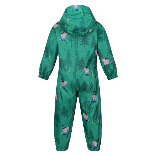 Regatta Childrens/Kids Peppa Pig Dinosaur Snowsuit (Jellybean Green) 100% Polyester. Fabric: Isolite. Design: Dinosaurs, Printed. Characters: George Pig. Lining: Mesh. Cuff: Elasticated. Neckline: Hooded. Sleeve-Type: Long-Sleeved. Branded Zip Pull, Elasticated Ankles, Elasticated Waist, Reflective Trim. Fabric Technology: Breathable, DWR Finish, Lightweight, Waterproof, Windproof. Hood Features: Grown On Hood. Fastening: Full Zip. 100% Officially Licensed.