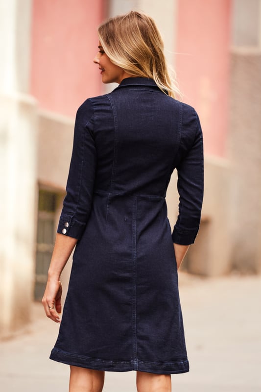 REASONS TO BUY: 

Your throw-on-and-go wardrobe hero
Dark indigo - a new take on classic denim
Shape enhancing A-line fit
Luxe silver popper front
Flattering panel stitching
Trainers, sandals, boots – any shoe goes