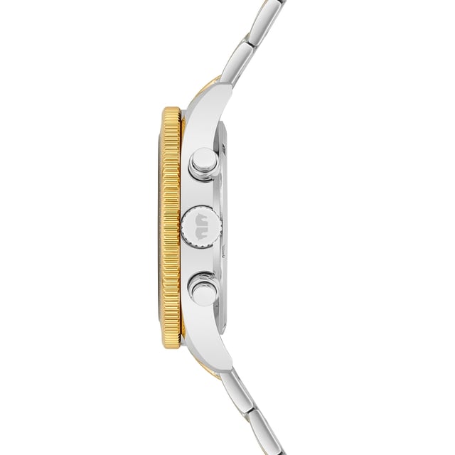 With the date, stopwatch, 3 auxiliary dials and rotatable bezel with tachymeter, the RHODENWALD & SOHN clock manufacturer combines the most popular chronograph highlights in a modern timer. The robust bicolor-steel case with partial IP coating in yellow gold enthusiastically enthusiastically with the classic tricompax arrangement of the totalists, combined with subtle line indices and luminic arrow pointers The exclusive design is rounded off by a bicolor structure bracelet made of stainless steel with practical safety folding. The interior even meets high demands: a high -quality quartz train ensures the best precision.