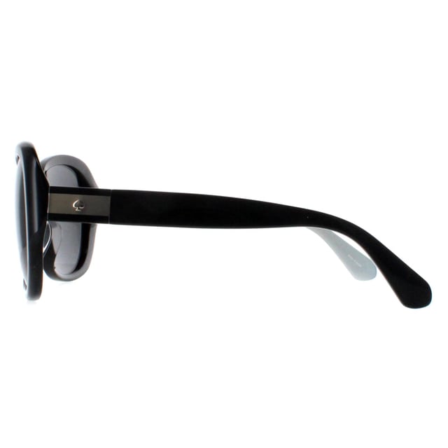 Kate Spade Buttefly Womens Black Ivory Grey Polarized Judyann/P/S  Sunglasses boast a chic butterfly frame, meticulously crafted from premium acetate to ensure both durability and lightweight comfort. The polarized lenses offer superior UV protection, shielding your eyes from harmful rays while reducing glare for enhanced clarity. The temples are adorned with the iconic Kate Spade logo, adding a signature touch of luxury and sophistication.