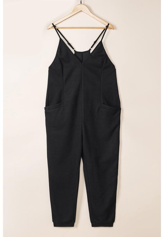 Azura Exchange Women's Textured V-Neck Pocketed Jumpsuit in Black
