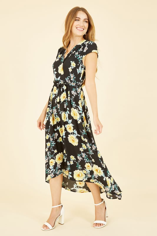 Mela Black Floral Print Dipped Hem Midi Wrap Dress