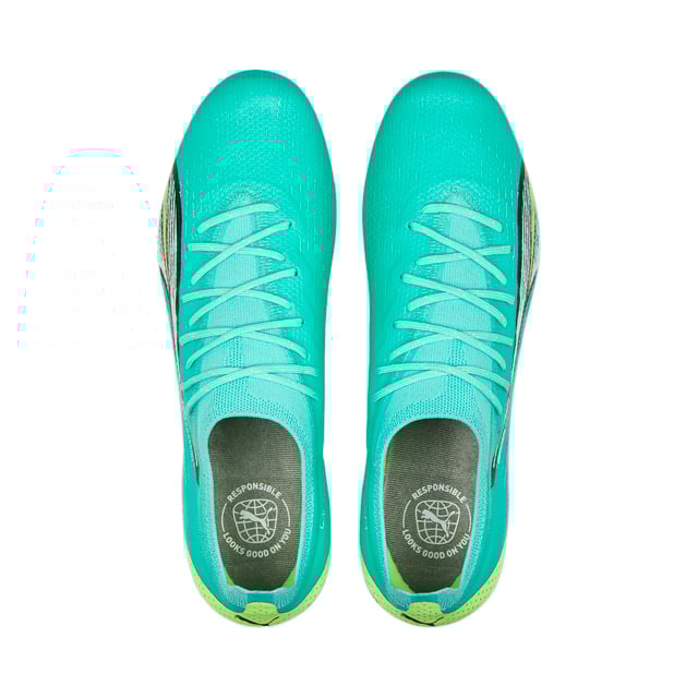 PRODUCT STORY: ULTRA - Not even you knew you could be this fast. Turn seconds into records with the ULTRA ULTIMATE football boot. Lighter means quicker, so the ULTRAWEAVE upper material makes every gram and every second count. The dual-density SPEEDPLATE tooling is inspired by PUMA’s track running heritage (fast), made of high-performance PEBA material (light), and optimized for direct-speed stability and propulsion (sweet). Ultra-light. Ultra-fast. ULTRA ULTIMATE. FEATURES & BENEFITS : Recycled content: The upper of this shoe is made with at least 20% recycled materials as a step towards a better future; ULTRAWEAVE: Ultra-light, engineered fabric with a structured, 4-way stretch that reduces weight and friction. Built for athletes looking to increase speed and strength; PWRTAPE: Targeted upper reinforcement for support and durability; SPEEDPLATE: Dual-density outsole for next-level traction and propulsion.DETAILS : Lightweight removable sockliner with NanoGrip technology keeps the foot from slipping inside the boot; MxSG: Mixed soft ground outsole; Suitable for use on soft natural surfaces.