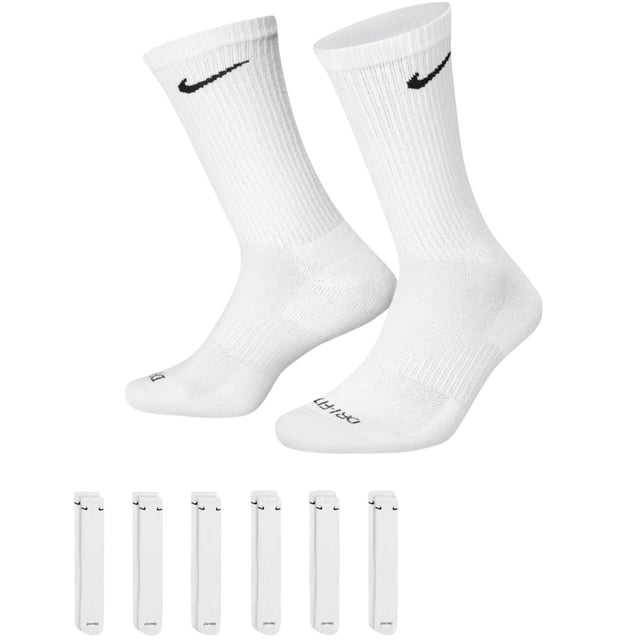 Nike Everyday Plus Cushioned Training Crew Socks (6 Pairs) White The Nike Everyday Plus Cushioned Socks bring comfort to your workout with extra cushioning under the heel and forefoot and a snug, supportive arch band. Sweat-wicking power and breathability up top help keep your feet dry and cool to help push you through that extra set.