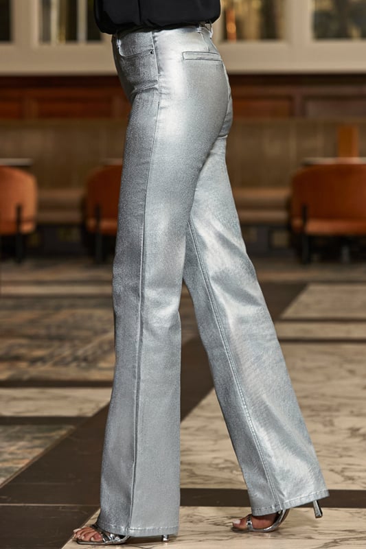 Minimum effort, maximum impact Made from soft stretch denim with a shimmering metallic finish Flattering slim wide-leg cut elongates your silhouette Designed to sit high on the waist Go all-out with an embellished top Dress them down with a chunky knit and boots Inside leg to fit: Short 29" | Regular 31" | Long 33"