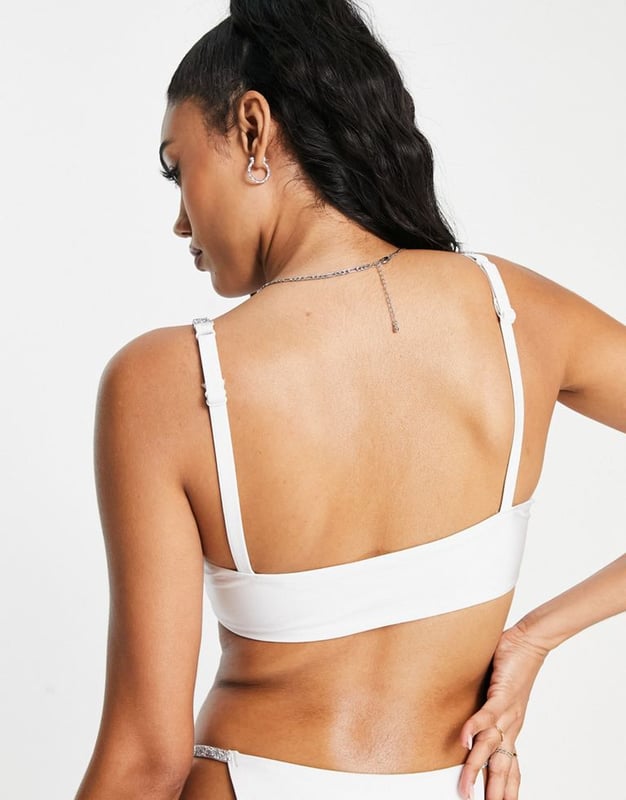 ASOS DESIGN Fuller Bust diamante strap crop bikini top in white