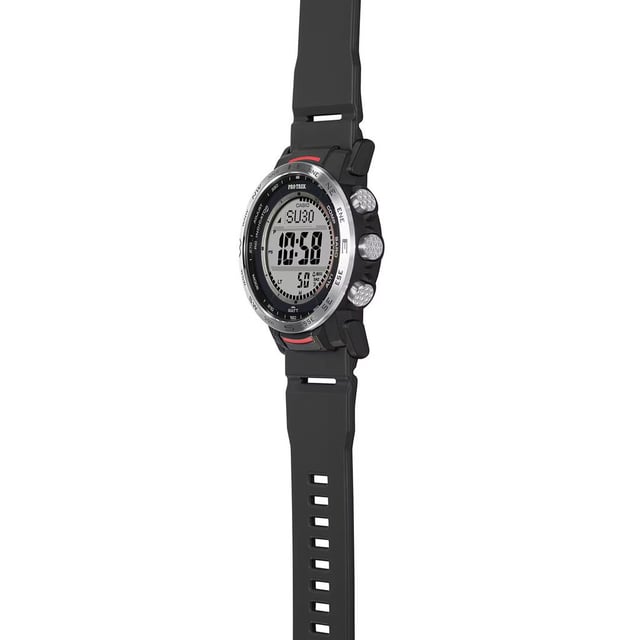 This Casio Protrek Digital Watch for Men is the perfect timepiece to wear or to gift. It's Black 40 mm Round case combined with the comfortable Black Plastic watch band will ensure you enjoy this stunning timepiece without any compromise. Operated by a high quality Quartz movement and water resistant to 10 bars, your watch will keep ticking. This sporty and trendy watch is a perfect gift for New Year, birthday,valentine's day and so on. This Digital watch has a Calendar function: Day-Date , Solar Powered , Radio Controlled , Stop Watch , Altimeter and Alarm High quality 21 cm length and 22 mm width Black Plastic strap with a Buckle Case diameter: 40 mm,case thickness: 13 mm, case colour: Black and dial colour: LCD