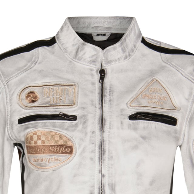 Finished in our premium nappa leather and detailed with our embroidered vintage badges, racing enthusiasts look no further. The classic biker style is leveled up with the addition of twin contrasting racing stripes on the sleeves and a thoughtful placement of racing badges to make this iconic piece. The jacket still stays true to its biker roots with a classic short tab collar and two zip pockets positioned at the breast for a traditional look. For additional storage find two hand pockets at the waist to ensure this jacket is as practical as it is stylish. â€¢ 100% premium ultra-soft nappa leather. â€¢ Four exterior pockets â€¢ Racing style stripes on each of the jacket sleeves â€¢ Full length YKK zip on the front â€¢ Embroidered racing style badges featured across the jacket front and sleeves