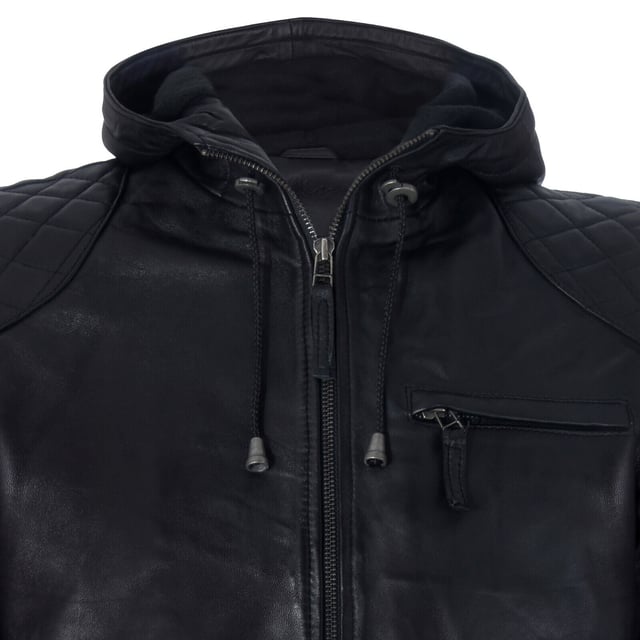 A classic biker jacket that oozes cool. Crafted with a supple Lambskin Nappa leather this jacket is given a high-fashion twist with an adjustable leather hood. Ultra-cool, wear this versatile layer that features quilted shoulders with everything for instant street-style appeal. 