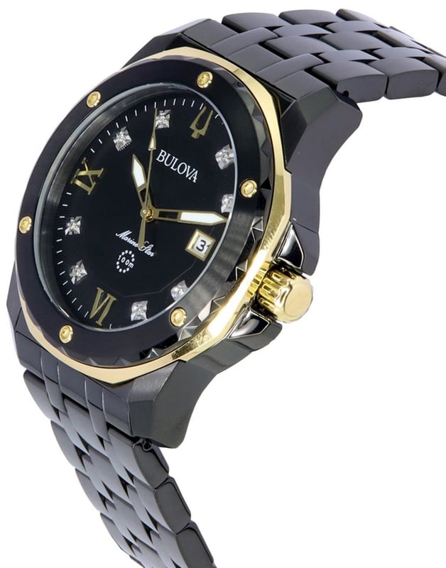 This Bulova Marine Star Analogue Watch for Men is the perfect timepiece to wear or to gift. It's Black 44 mm Round case combined with the comfortable Black Stainless steel watch band will ensure you enjoy this stunning timepiece without any compromise. Operated by a high quality Quartz movement and water resistant to 10 bars, your watch will keep ticking. This sporty luxury design in black ion-plated stainless steel features a black sunray dial with eight individually hand set diamonds and gold-tone accents -The watch has a calendar function: Date, Luminous Hands High quality 21 cm length and 23 mm width Black Stainless steel strap with a Deployment clasp Case diameter: 44 mm,case thickness: 12 mm, case colour: Black and dial colour: Black