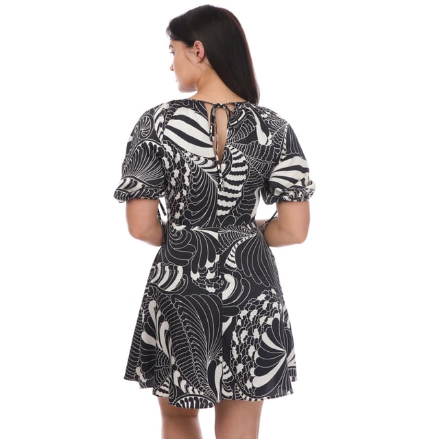 Womens Ted Baker Faridda Printed Puff Sleeve Mini Dress in black.Liven up your wardrobe with the retro inspired FARIDDA dress. With its stunning retro swirl print  tie-up back and beautiful ruched sleeves  the only question is: will you wear it to lunch or to a party?- A-line.- Short ruched sleeves.- Zip fastening.- Tie up back.- Lined.- Retro swirl print.- Shell: 100% Polyester; Lining; 100% Polyester.  Hand wash.- Ref: 268466BLACK