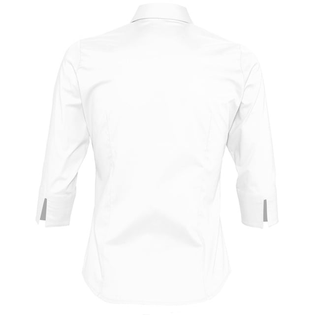 Stretch fabric. Stiffened collar. Self colour buttons. Slitted cuffs. Front and back darts. Curved hem. Fabric weight: 140 gsm. Material: 97% cotton/3% elastane. Ladies size: XS(6/8), S(8/10), M(10/12), L(12/14), XL(14/16), XXL(16/18).