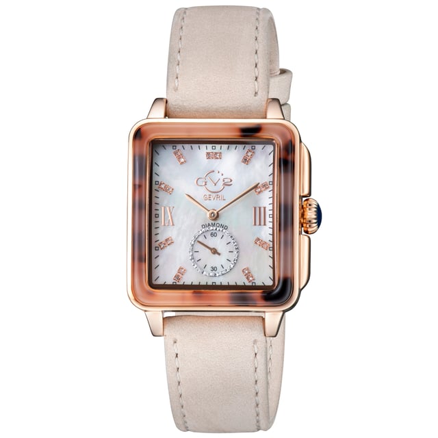 The picturesque city of Bari Italy provided the inspiration for the popular ladies GV2 Bari Collection Known throughout the world as the city of St Nicholas, it is no surprise that the historic town would continue to inspire the designers.
The new line extension retains the Bari’s sophisticated rectangular mother-of-pearl dial embellished with eighteen glittering diamonds indices; adding a well placed sixty-second sub dial. This Bari collection has been fitted with a beautiful pumpkin shape crown topped with an acetate tortoise bezel.  GV2 9243B Women's Bari Tortoise Swiss Quartz Diamond Watch

GV2 Women's Swiss Watch from the Bari Collection
37 mm Square IPBK Tortoise Case/ Push Pull Crown
Black MOP dial with 18 diamonds Single Cut G/H Color
Second Hand Sub Dial
IPBK Stainless Steel Bracelet with Deployment Buckle
Anti-reflective Sapphire Crystal
Water Resistant to 50 Meters/5ATM
Swiss Quartz Movement Ronda 1069.