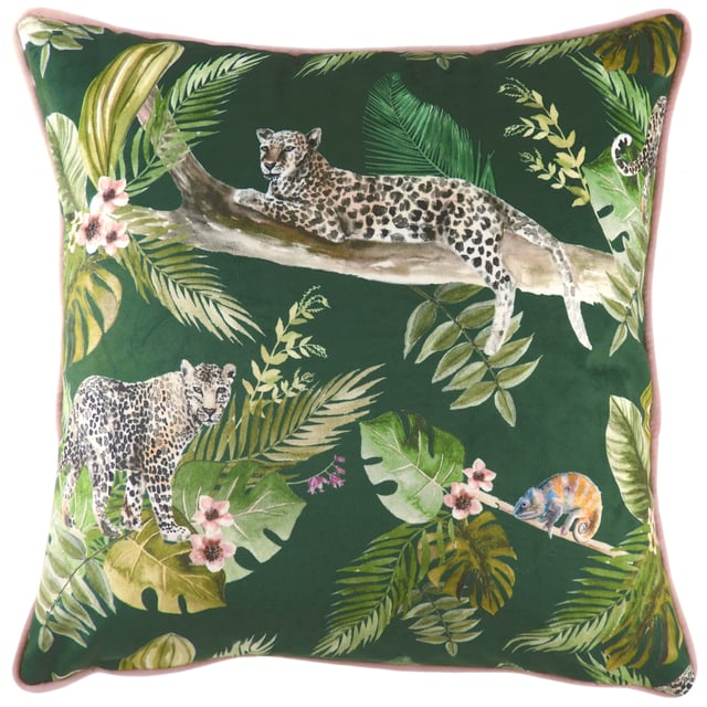 Add a touch of the rainforest into your interior with this ultra-luxe velvet feel fabric cushion. With a hand painted design of Leopards resting in the tree's - this design will sure make a statement in any contemporary or modern home.