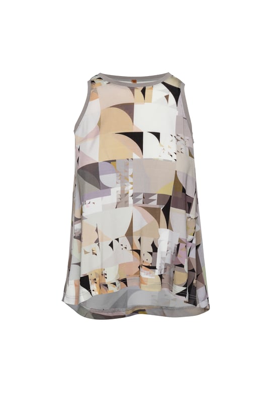 Mouwloze zomertop van jersey met stretch en print. Halternek. Effen boord langs de halslijn en armsgaten. Ongelijke zoomlijn: 14 cm langer en aan de achterkant en afgerond. A-lijnmodel. Ons model is 172 cm en draagt maat 36/S. Afmetingen voor maat 36 (in cm): Schouder - 24; Borst - 44; Taille - 50; Onderkant - 61; Lichaamslengte - 56. Losse pasvorm. 92% VISCOSE - 8% ELASTAAN