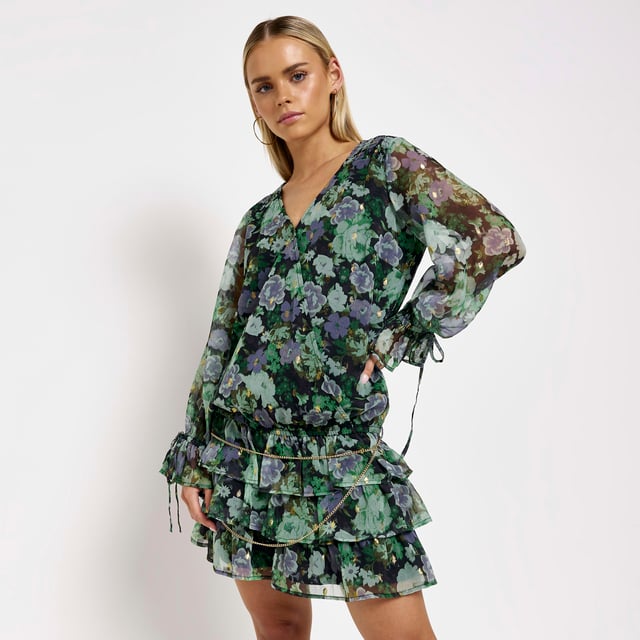 Petite collection, Floral print, Chiffon fabric, Frill detail, Belted, V-neck, Long sleeves, Tie cuff detail, Mini length, Our model wears a UK 8 and is 161.5cm/5’3” tall