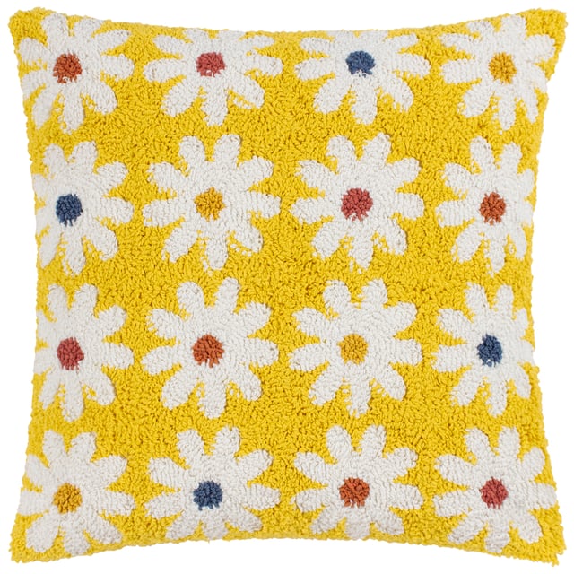Add some fun flower power to your home with this amazing loop tufted cotton Daisy cushion. Featuring cute white daisies with different coloured centres and set on a vibrant yellow background, this bold design creates a fun, friendly and retro fashion piece. Finished with a plain polycotton canvas reverse, knife edged trim and zip fastening. A great way to create your own style in a new living space.  Size: 45 x 45cm
