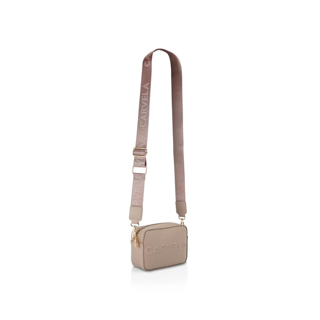 The Carvela Mini Frame Cross Body bag features a taupe textured exterior with embossed branding on the front. The bag is fastened with gone tone Icon C zipper. Dimensions: 12cm (H), 17cm (W), 6.5cm (D). Strap length: 126cm. Woven strap length: 119cm.