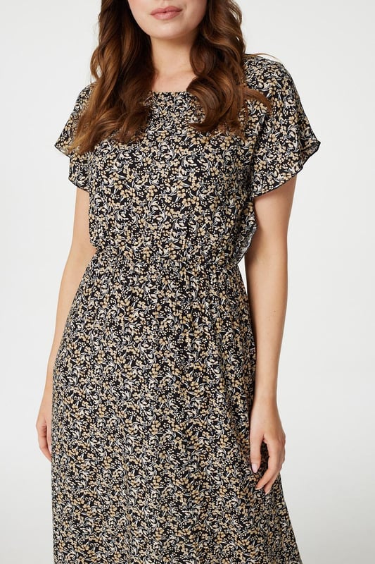 Multi Black Floral Batwing A Line Midi Dress