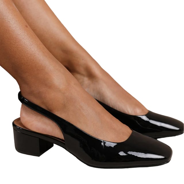 Gewebetechnik: langlebig. Obermaterial: Lackleder. Marke: Where's That From. Zum Anschlüpfen. Einlegesohle: gepolstert. Laufsohle: Gummi. Sling Back. Absatz: Low Block Heel. 6,86 cm. Design: Unifarben. Zehenstil: Quadratisch.