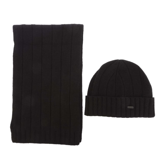 Mens Hugo Boss Beanie & Scarf Set in black.- Fold-over cuff.- Breathable and soft.- 38% Viscose  35% Polyamide  22% Wool  5% Alpaca.- Ref: 50495806BLK