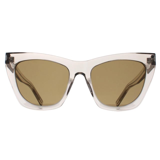 Saint Laurent Cat Eye Womens Transparent Beige Brown SL214 Kate  Sunglasses are a harmonious blend of timeless elegance and Parisian chic. These sunglasses encapsulate the iconic allure of the fashion house with their sleek acetate frame, featuring a slender cat eye silhouette that exudes vintage-inspired charm. Adorned with slim temples and the iconic Saint Laurent logo at the hinges, these sunglasses radiate refined opulence.