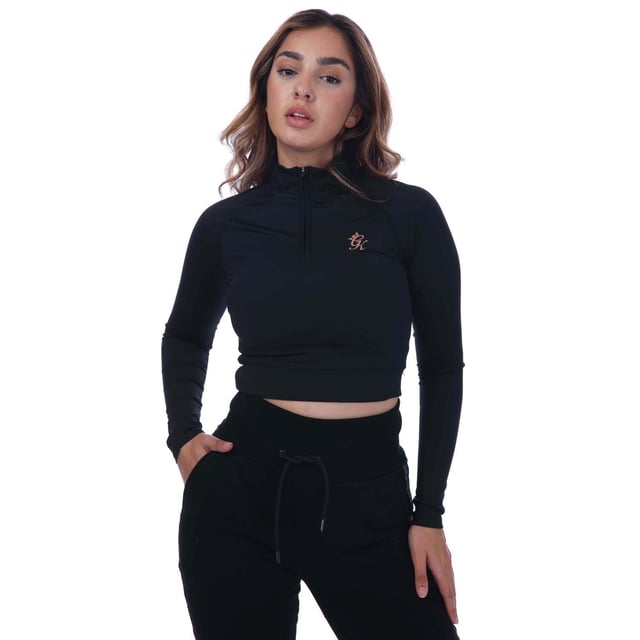 Womens Gym King 1-4 Zip Funnel Neck Sweatshirt in black - gold.- Funnel neckline.- Long sleeves.- 1-4 zip fastening.- Reflective branding.- Slim fit.- 78% Polyamide  22% Elastane.- Ref: WTTA25Y5