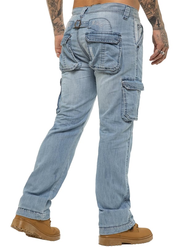 Enzo Mens Cargo Combat Jeans Light Blue