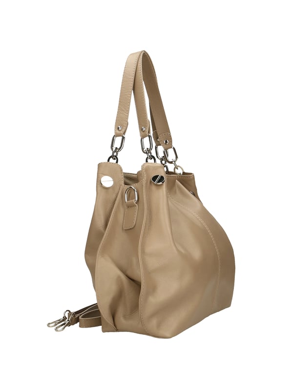 Bolso bandolera para mujer. El cierre es con cremallera. Los bolsillos internos son uno con cremallera. Los bolsillos externos son uno en la espalda con cremallera. La bandolera es ajustable y extraíble en piel. El mango es de cuero. Hay dos compartimentos internos. El material exterior es piel auténtica sauvage. Internamente está forrado en tejido 70% algodón - 30% seda. Medidas: 38x30x12 cm. Hecho en Italia