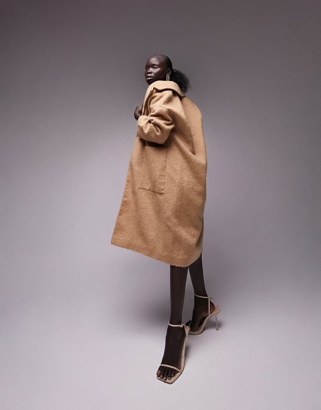 Topshop Petite longline chuck on brushed coat in camel Neutral