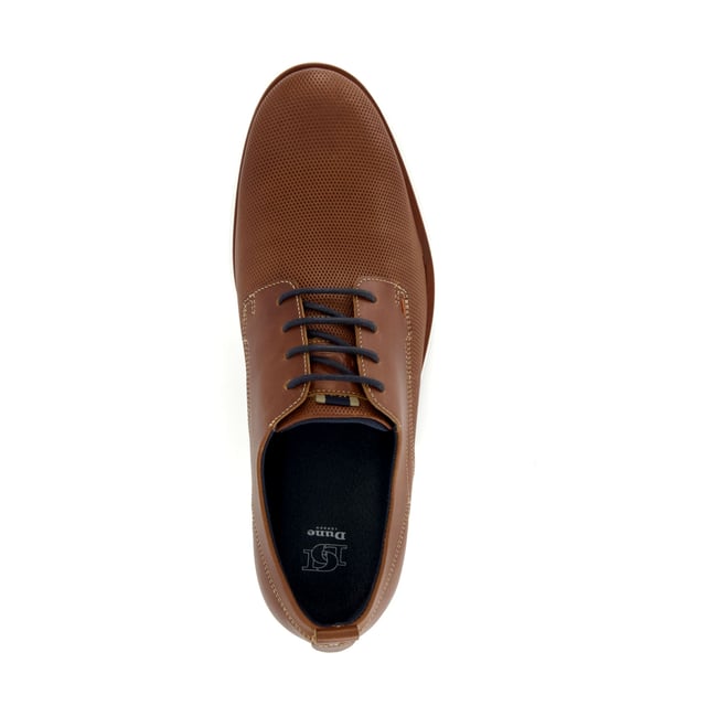 Dune Mens BARNABEY Casual Gibson Shoes Barnabey Classed as a more relaxed variation to the classic Derby silhouette, embrace tactile finishes this season with style Barnabey. This casual Gibson shoe starts life in Portugal and is crafted with the finest materials, culminating in a combination of smooth textures, perforated and handstitched detailing, and a four-eyelet lacing system. Finished with a pull tab and contrasting sole, Barnabey pairs perfectly with chinos and chambray shirts.