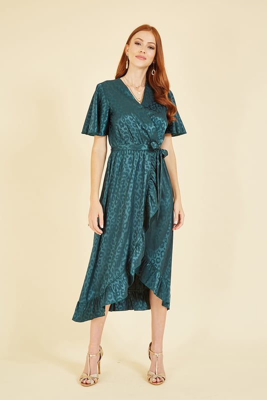 Mela Green Jacquard Leopard Print Wrap Midi Dress