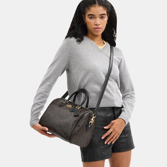 Rowan Large Satchel in Soft Signature Canvas, Inside snap and zip pockets, Outside zip pocket,  Length: 30.00 cm,  Width: 17.50 cm,  Height: 21.00 cm