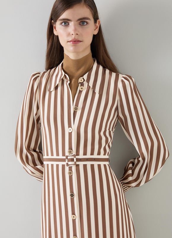 Imagine a breezy afternoon stroll wearing the Emelia candy stripe shirt dress in chocolate and birch. This stylish piece in chocolate and birch silk boasts a classic collar, full length sleeves, and a sophisticated woven stripe design, perfect for smart casual outings. Pair it with elegant flats for a daytime look or enhance it with heels for an evening out.