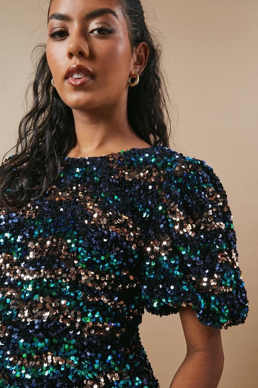 Petite Occasion Puff Sleeve Sequin Mini Dress