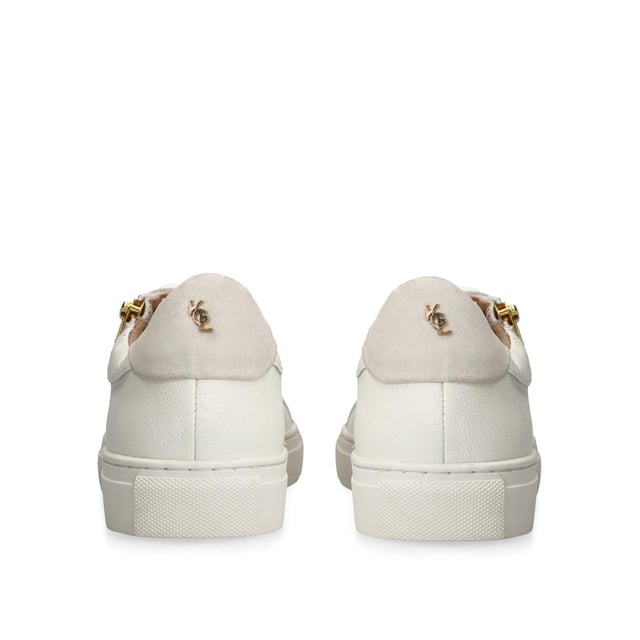 KGL Dulwich Zip from Kurt Geiger London is a low top, lace up trainer with a white upper featuring a gold zip.