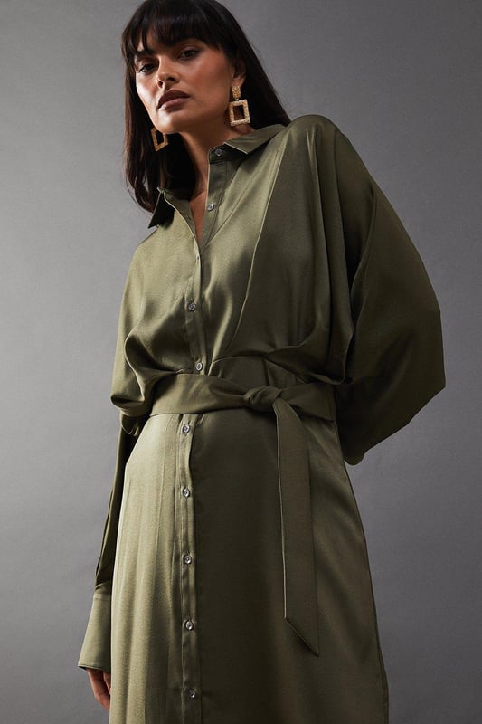 Satin Batwing Split Side Midi Shirt Dress