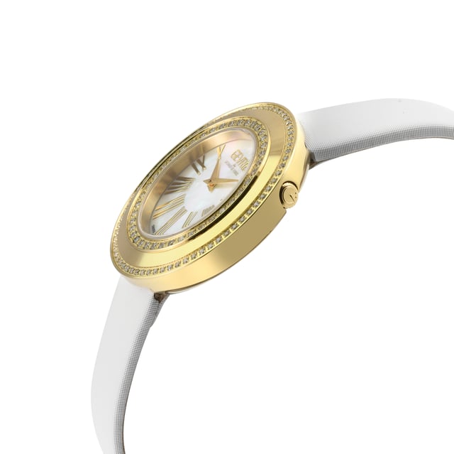 Gevril’s Swiss Diamond Watch from the Gandria Collection elicits a dreamy quality only known to those with a knack for nostalgia and an eye for elegance. It is beauty preserved, because true style never goes out of date.
The picturesque town of Gandria, with its lake views and surrounding mountains, is best known for its harkening to days gone by, and this absolute revelation of a timepiece captures that essence like no other. In a brilliant testament its moniker, Gandria features a 36mm round stainless-steel case in a warm bronze color that resplendently highlights a selection of beaded or diamond accents.  With either a half carat of 40 diamonds on the inner case or close to a carat of 108 diamonds on the outer case, each design forms two captivating concentric circles surrounding a serene and stylish mother of pearl dial and Roman Numeral endices.
Inaccessible by car, Gandria is untouched and unmarred by time, and Gevril’s Swiss Quartz movement proves that history this well-built needs no tampering.  Completed by a lustrous satin strap, tang buckle and hidden push/pull crown, this charming watch has a subtle ability to completely enthrall any room.
This collection exists in a world where modern luxury attempts to be loud, bold, yet Gandria stands out for being softly, authentically regal. An ode to a true, original beauty Gevril’s Gandria is a breathtaking classic for the ages.
Gevril 12221 Women's Gandria Swiss Quartz Diamond Watch Gevril Women's Swiss Diamond Watch from the Gandria Collection 36mm Round IPYG Diamond Case, White MOP dial 108 Diamonds on Outer Case, 0.84 TCW, Clarity VS, Color FG Hidden Push/Pull Crown, Roman Numeral Genuine Silver Satin Strap with Tang Buckle Anti-reflective Sapphire Crystal 5 ATM (50 Meters 165 Feet) Swiss Quartz Movement Ronda 762