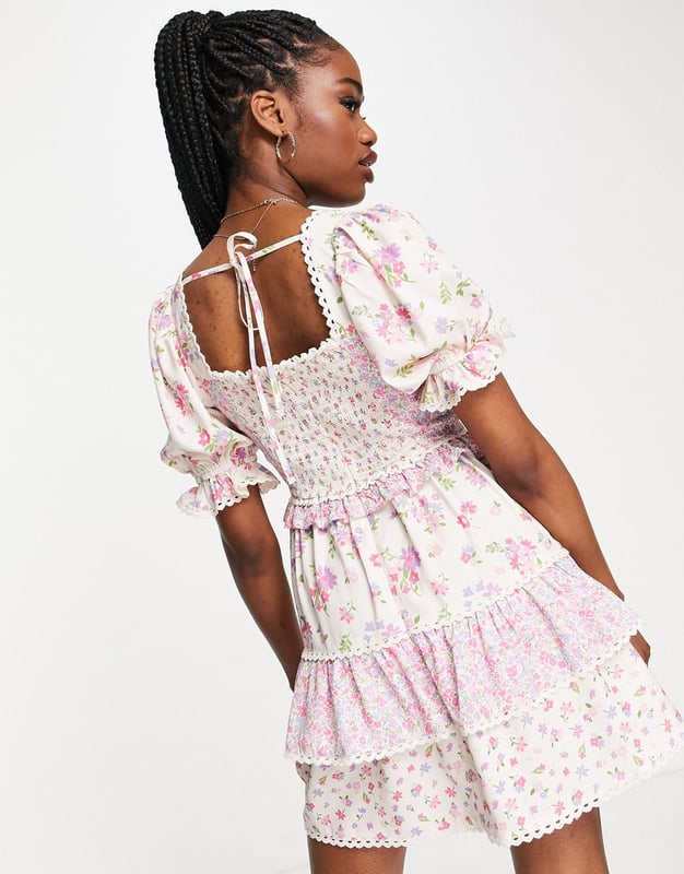 Miss Selfridge frill detail mini tea dress in mix floral print Multi