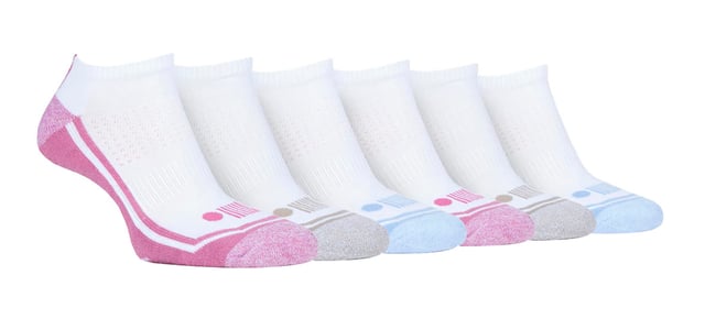 Jeep Socks for Women include all the durable and resilient qualities that the well-reputed brand is known for, but maintain the style and comfort that women have come to expect from their socks. This range of Ladies Jeep socks are perfect for matching your trekking gear, or even if you are looking to update your running gear. Ideal for the gym, these ankle length socks are made from polyester to keep your feet fresh and dry all day. These six pair of socks are also ideal to pack away for a getaway to the great outdoors. These socks have a lightweight feel about them but they're durability and resilience goes a long way whether you're going for a short jog or a long trek. The polyester blend feels soft to the touch which will help your feet feel comfortable. These socks feature terry loop cushioning throughout the toes, footbed and heels, but with a non-cushioned upper, and with breathable mesh panels woven into them. This helps to keep the feet ventilated and cool. The light padding of impact areas protects your feet and provides shock absorption without adding too much bulk or weight. A woven-in elastic arch support system is woven in a band that gently lifts the mid foot and helps to keep the socks in place on the foot. These socks are made from 95% Polyester 5% Elastane. They are available in a pack of 6. They come in a size 4-8 UK.
