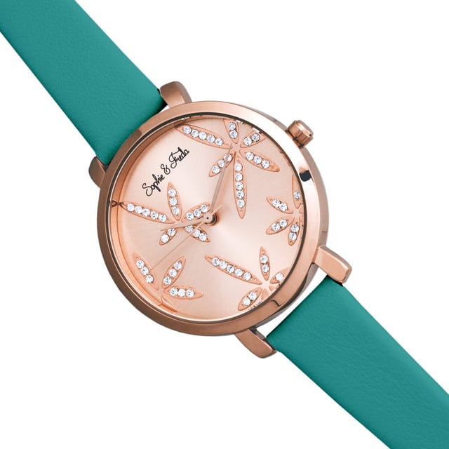 Polished Alloy Case; Precision Japanese Quartz Movement; Non-Glare Scratch-Resistant Mineral Crystal; Swarovski Crystals on Dial; Logo Engraved Stainless Steel Caseback; Genuine Leather Strap; Logo-Engraved Stainless Steel Clasp; 35mm Case Diameter; 3ATM Water Resistance;