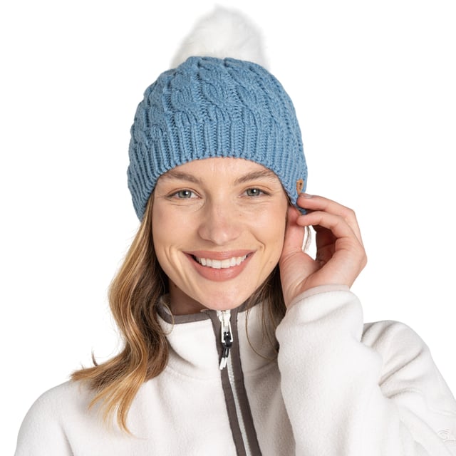 Material: Acrylic, Yarn. Fabric: Cable Knit. Lining: Microfleece. Design: Logo. Faux Fur Bobble, Turned Up Cuff. Fabric Technology: Insulating. Sustainability: Made from Recycled Materials.