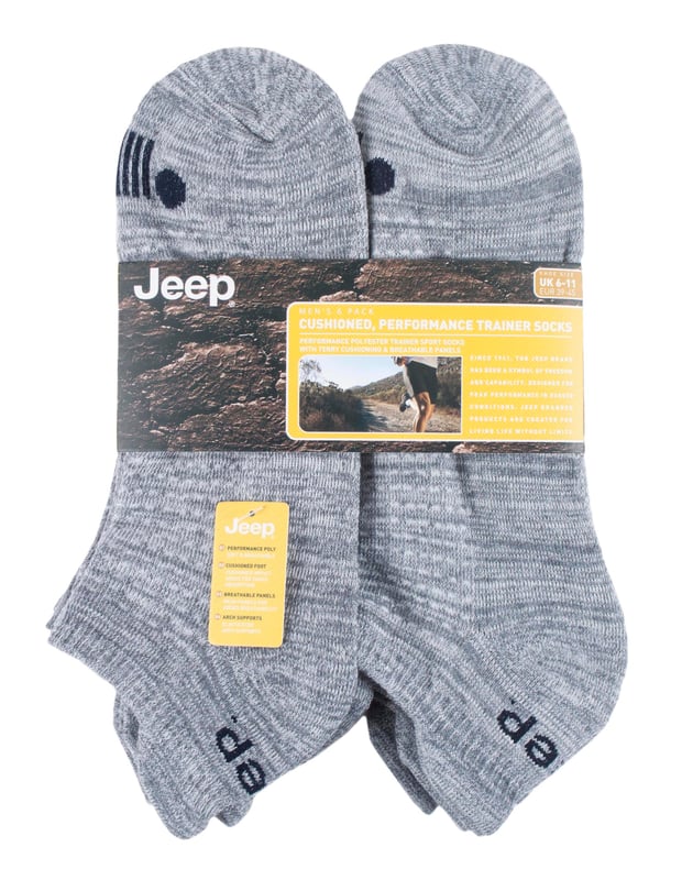 Jeep socks are crafted and designed for the great outdoors. For thick, durable, and reliable socks, these men's Jeep range socks are for you. This Jeep collection is designed for the active man who likes to spend his time in rugged terrain – with specialist socks available for hiking, walking and skiing. A selection of men's Jeep socks is also available in gift boxes, making them a great present for that active man in your life. Made for the athletic type, these performance polyester socks are ankle length which help to wick away moisture and sweat during physical activities. Designed to help improve your performance, these trainer socks are durable and feature breathable panels which keep your feet dry and fresh. The terry loop cushioning provides comfort and act as an anti-shock to the sock. The built in elasticated arch support prevents the feet from feeling fatigued and provides an extra layer of protection. These socks feature shaped cuffs which provide additional support with extended tabs for the Achilles tendon. These socks are available in sizes 6-11 UK. They are made from 95% Polyester 5% Elastane. They come in a pack of 6 in Black, White. Charcoal/Grey, Grey/Light Grey.