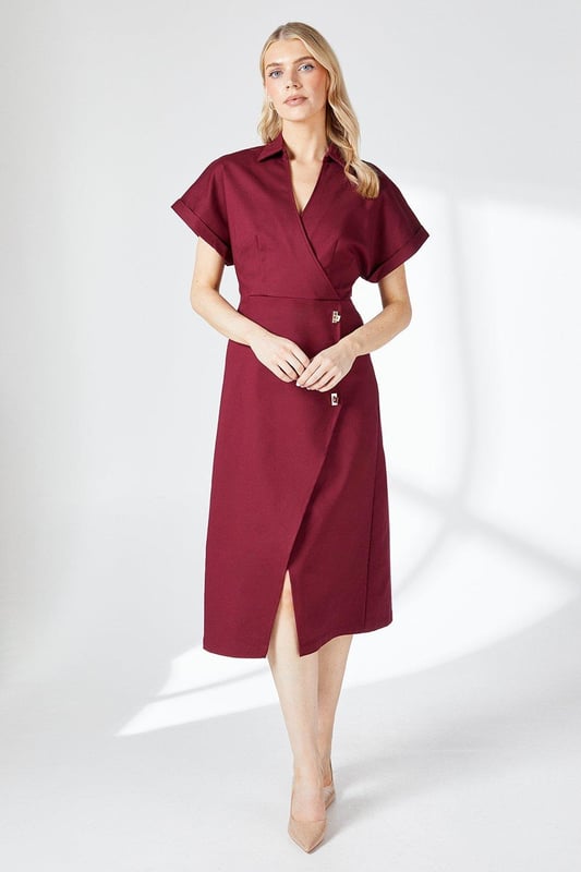 Button Detail Stretch Crepe Wrap Dress